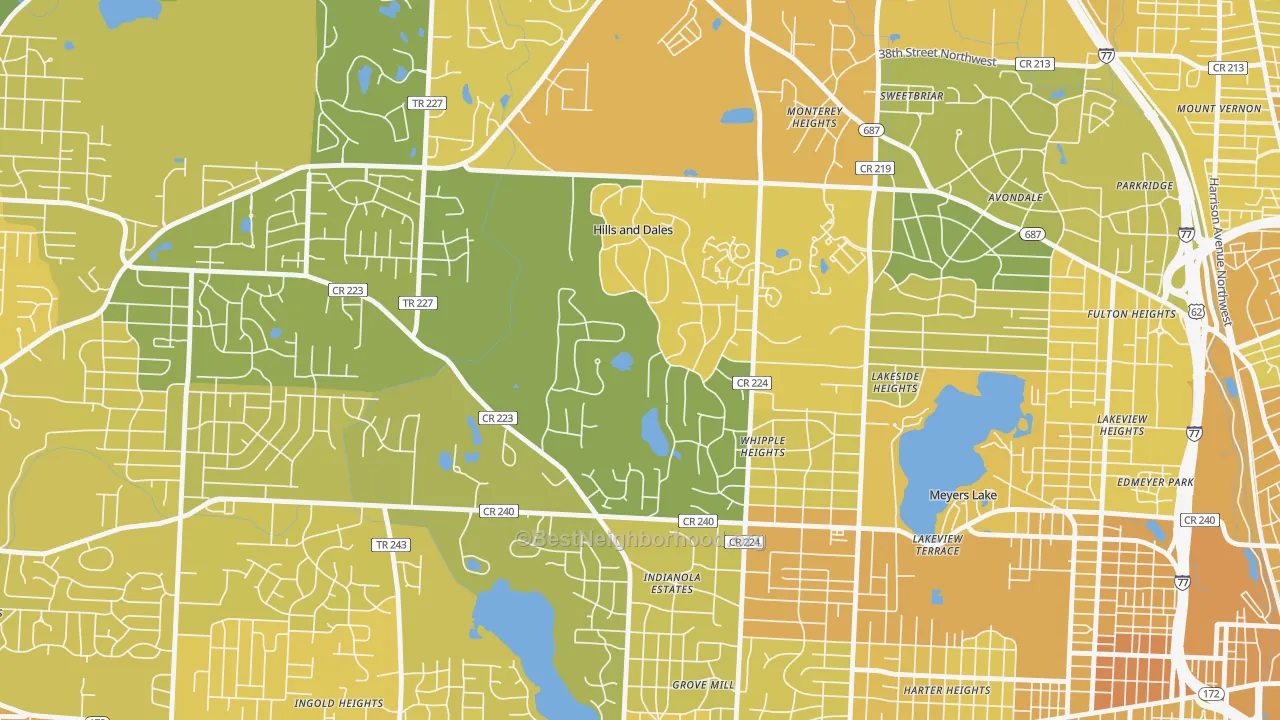 Map of the best neighborhoods in the Hills and Dales area, with better matches in green and worse matches in red