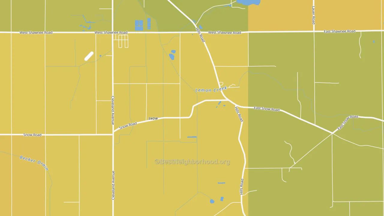 Map of the best neighborhoods in the Hills Corners area, with better matches in green and worse matches in red