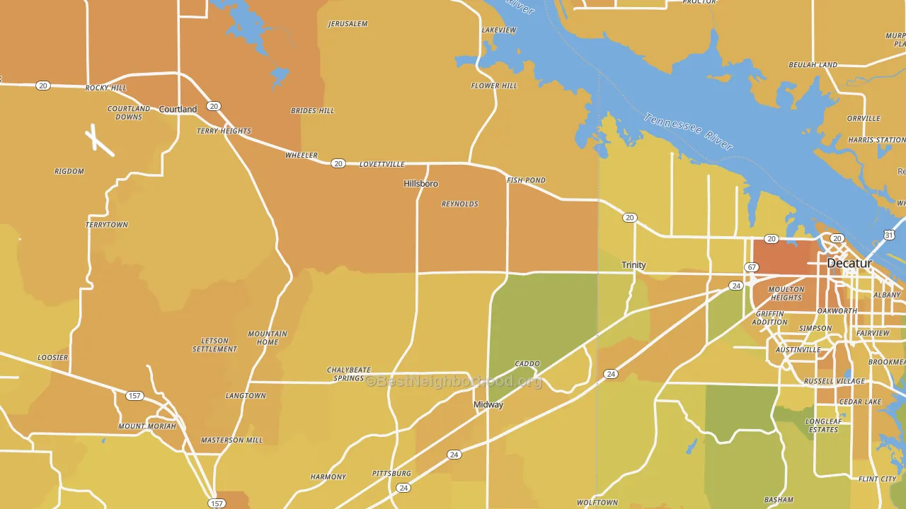 Map of the best neighborhoods in the Hillsboro area, with better matches in green and worse matches in red