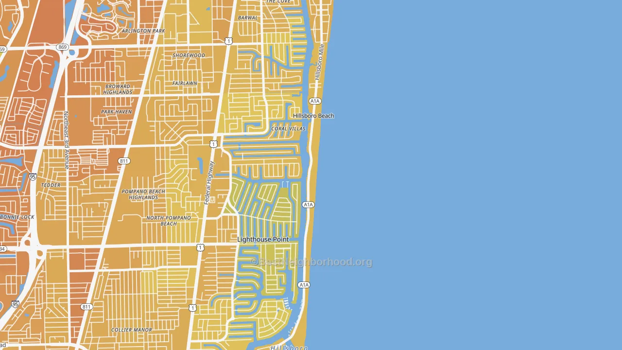 Map of the best neighborhoods in the Hillsboro Beach area, with better matches in green and worse matches in red