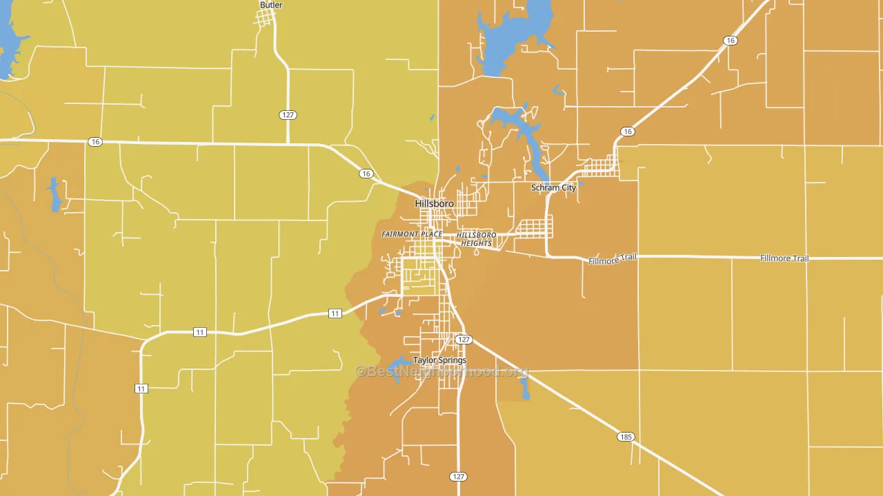 Map of the best neighborhoods in the Hillsboro area, with better matches in green and worse matches in red