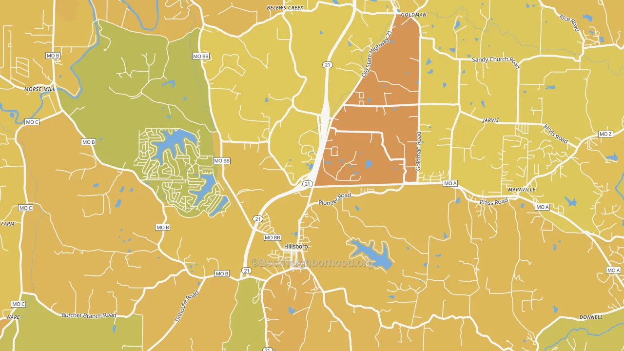 Map of the best neighborhoods in the Hillsboro area, with better matches in green and worse matches in red