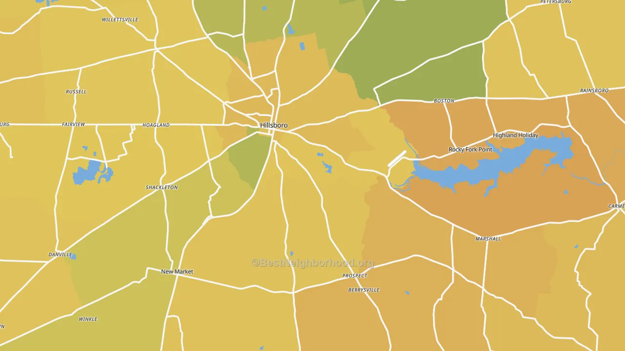 Map of the best neighborhoods in the Hillsboro area, with better matches in green and worse matches in red