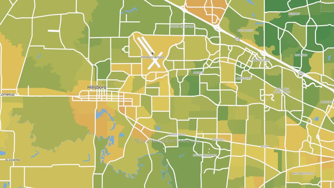 Map of the best neighborhoods in the Hillsboro area, with better matches in green and worse matches in red