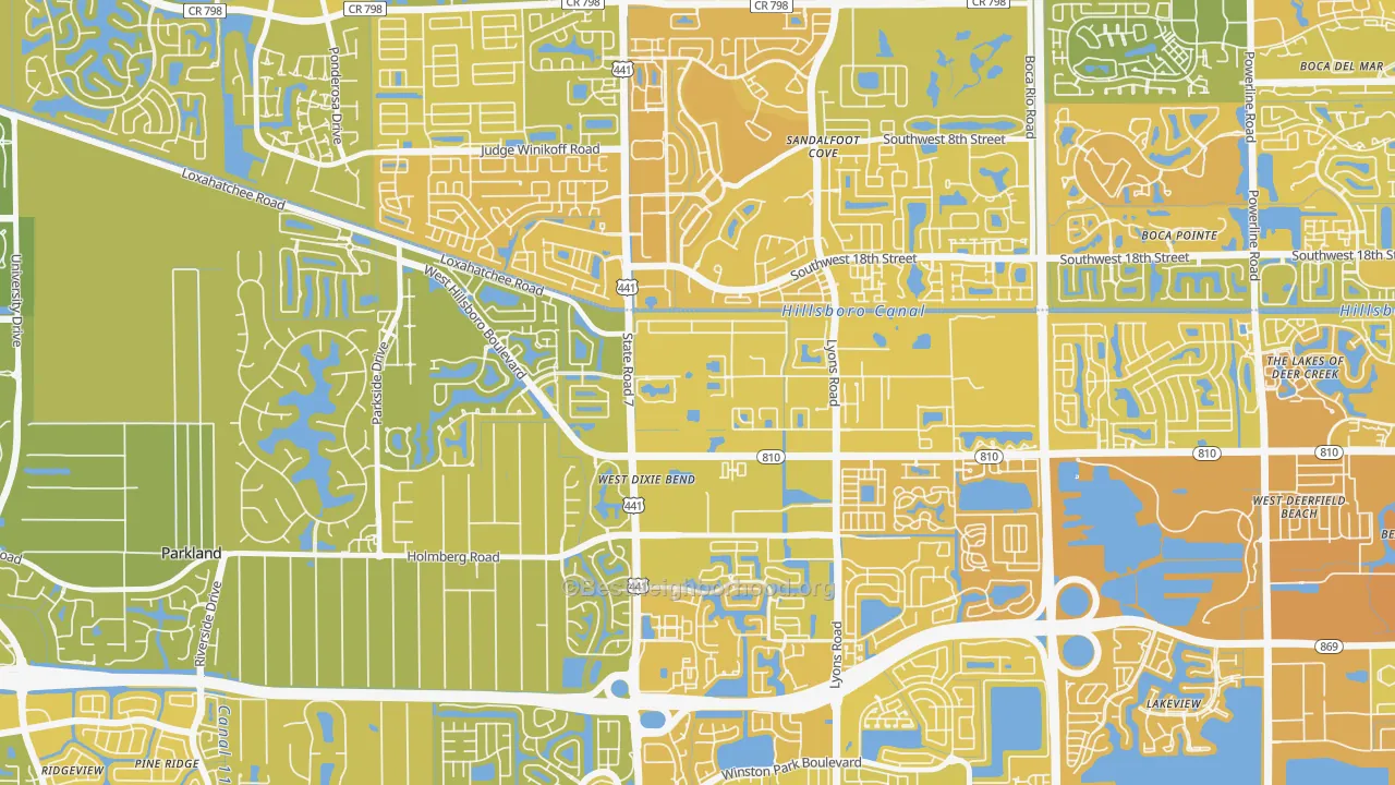 Map of the best neighborhoods in the Hillsboro Pines area, with better matches in green and worse matches in red
