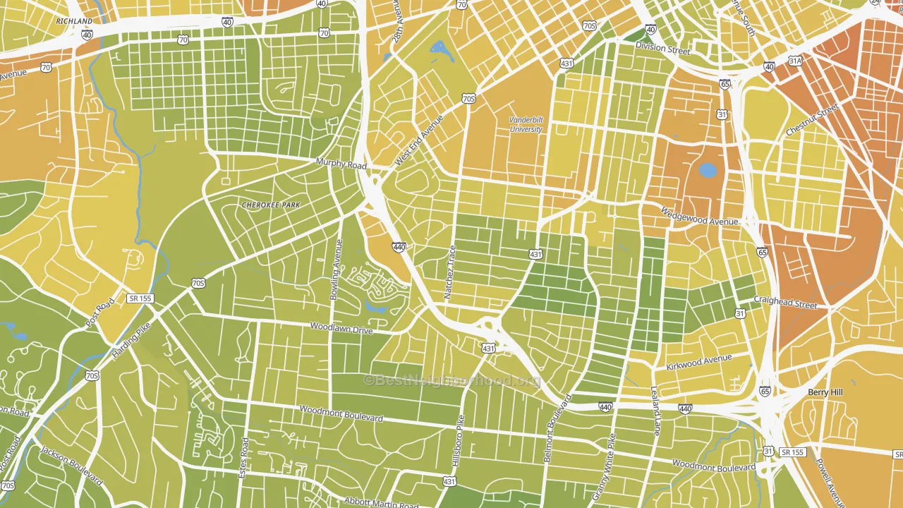 Map of the best neighborhoods in the Hillsboro West End, Nashville area, with better matches in green and worse matches in red