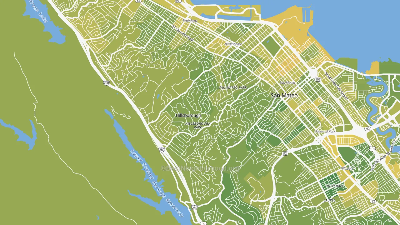 Map of the best neighborhoods in the Hillsborough area, with better matches in green and worse matches in red