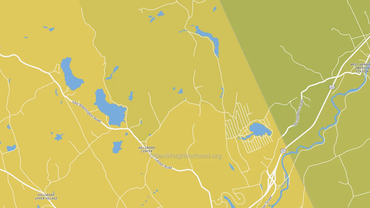 Map of the best neighborhoods in the Hillsborough Center area, with better matches in green and worse matches in red