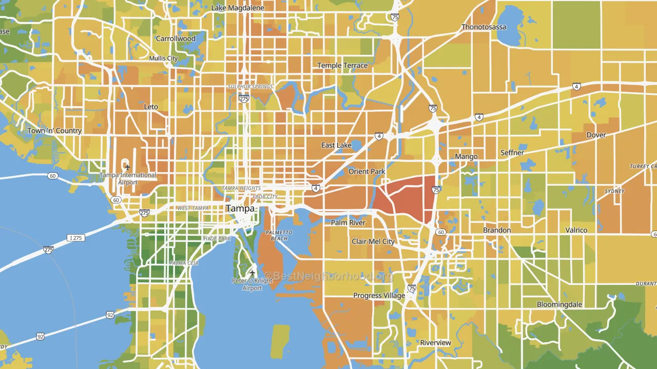 Map of the best neighborhoods in the Hillsborough County area, with better matches in green and worse matches in red