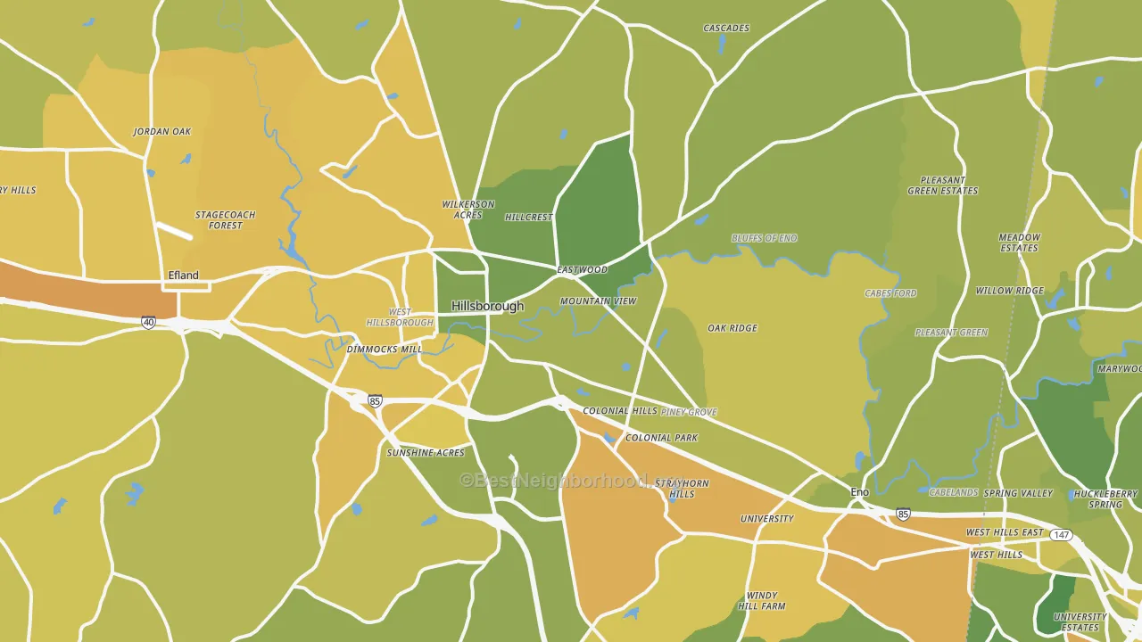 Map of the best neighborhoods in the Hillsborough area, with better matches in green and worse matches in red