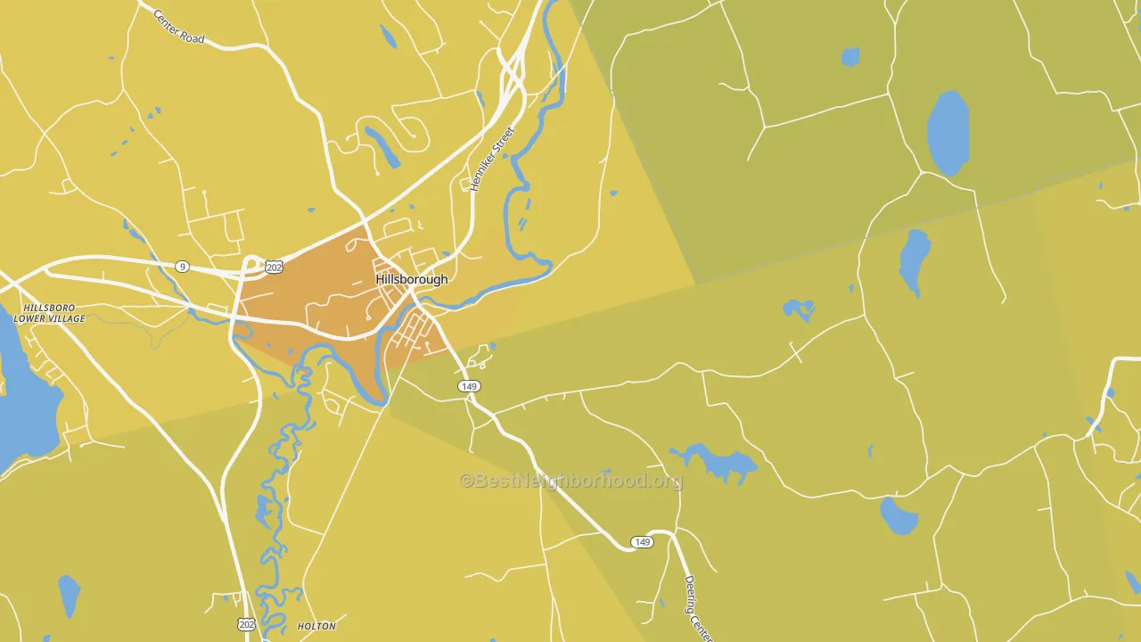 Map of the best neighborhoods in the Hillsborough area, with better matches in green and worse matches in red