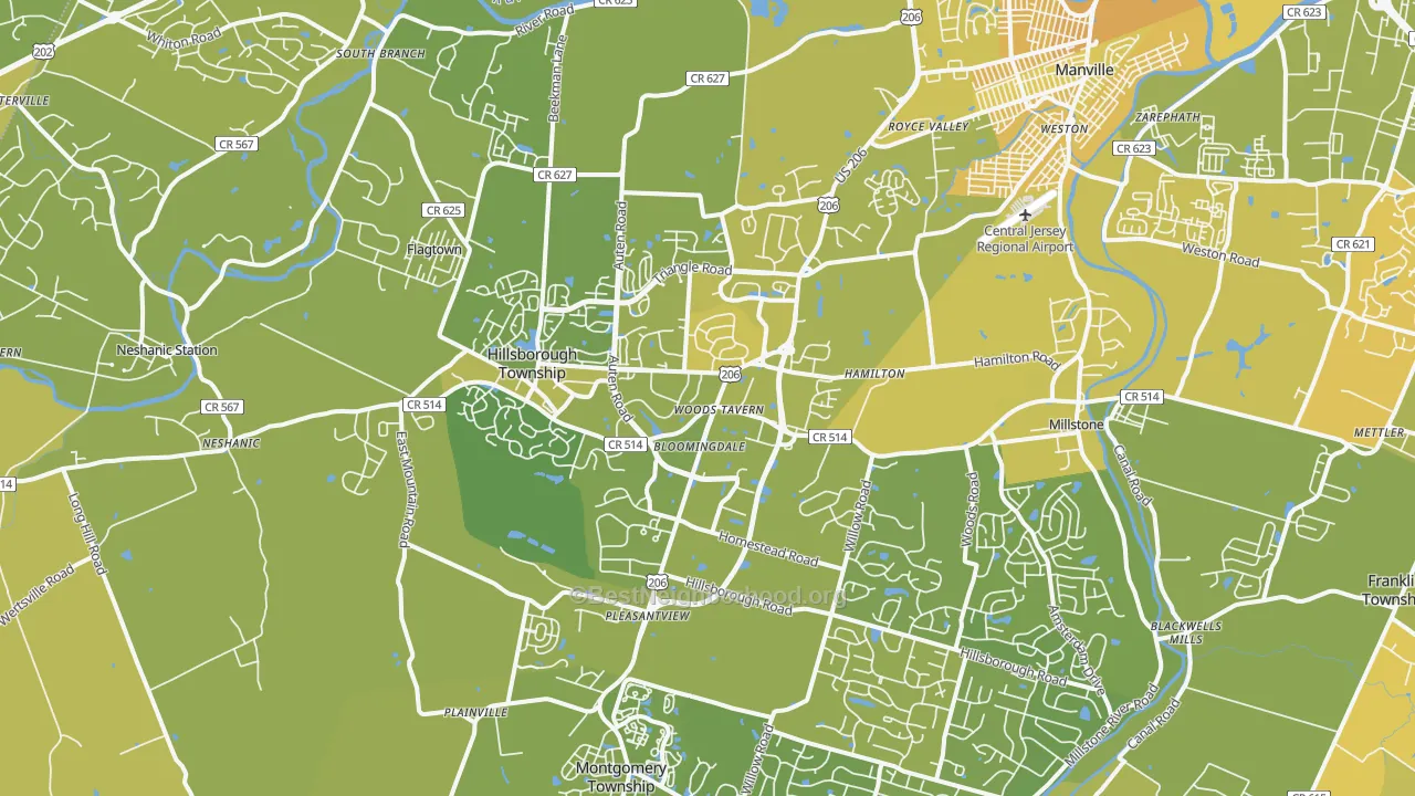 Map of the best neighborhoods in the Hillsborough area, with better matches in green and worse matches in red