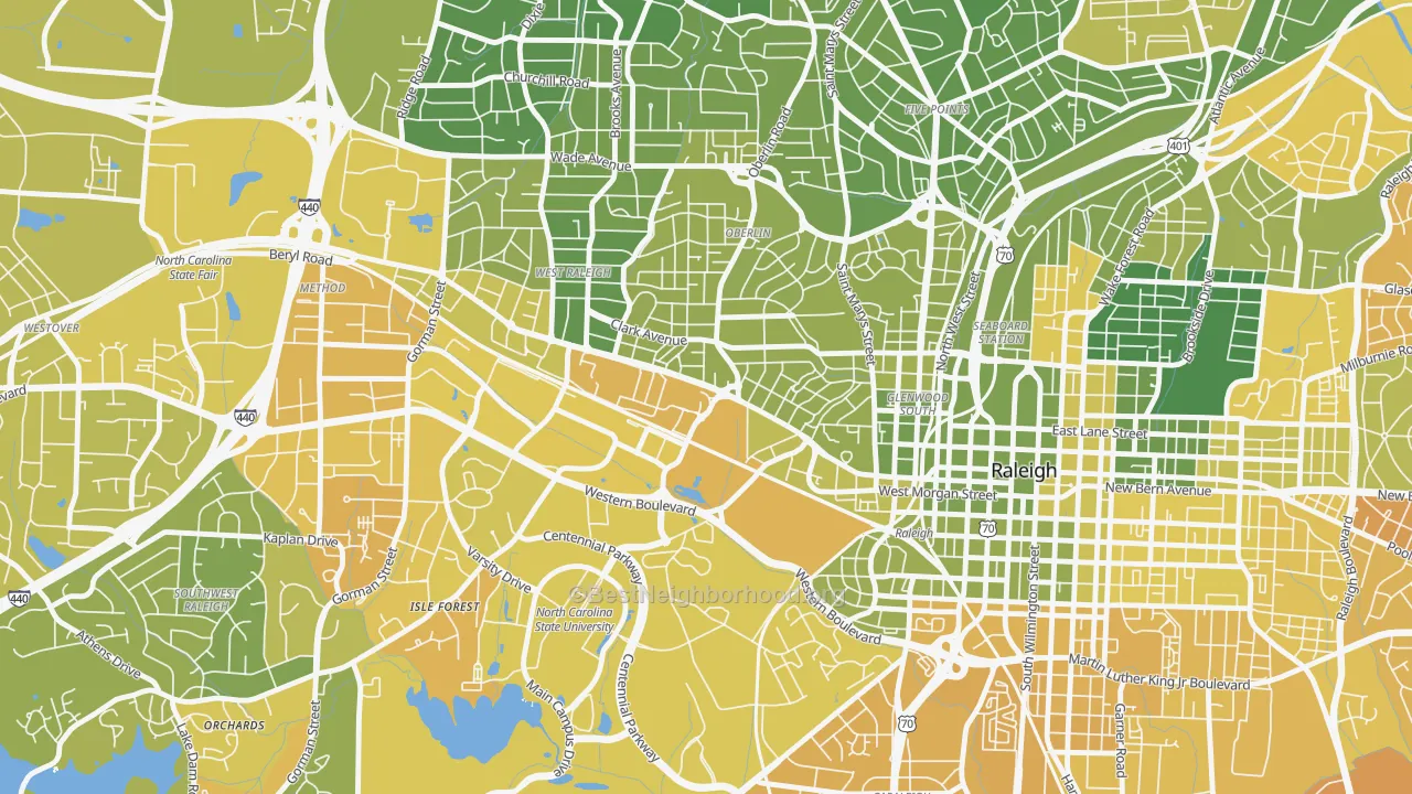 Map of the best neighborhoods in the Hillsborough, Raleigh area, with better matches in green and worse matches in red