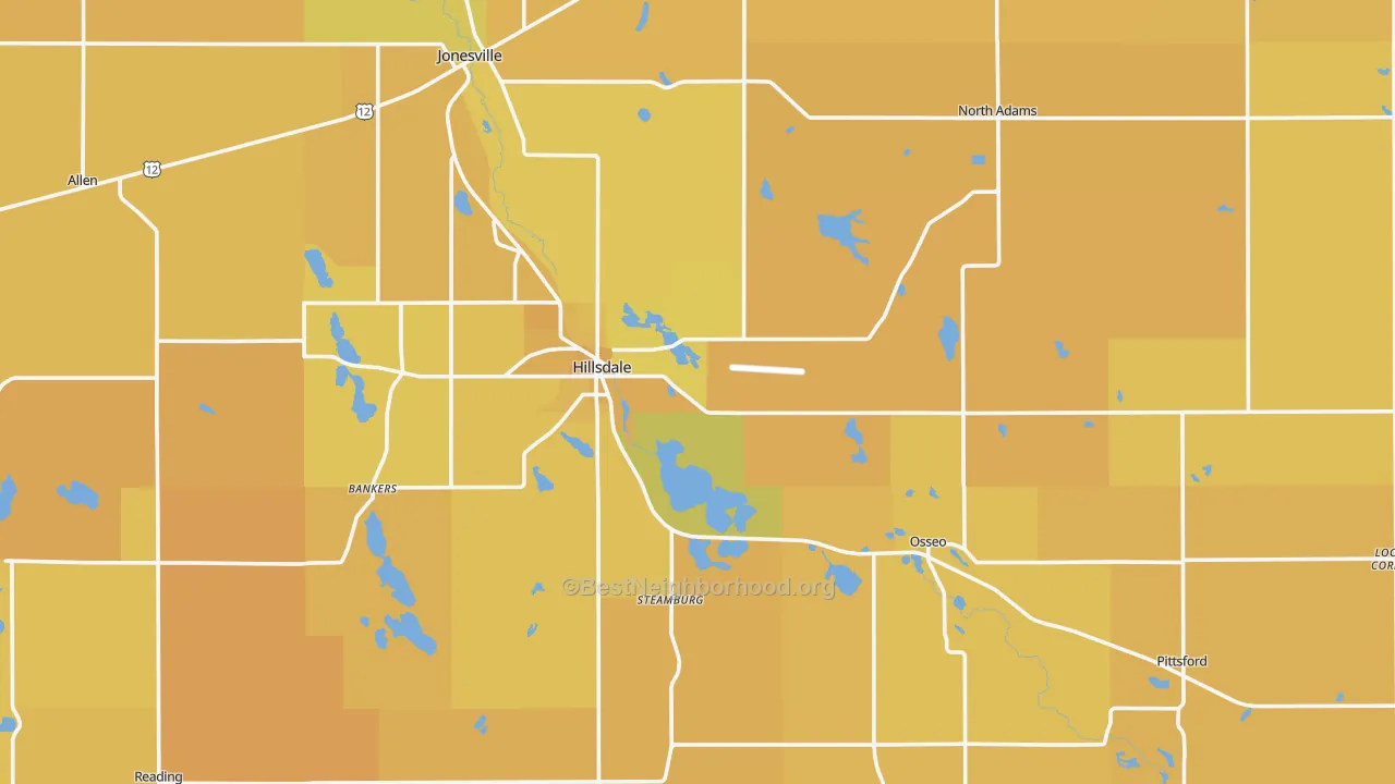 Map of the best neighborhoods in the Hillsdale County area, with better matches in green and worse matches in red
