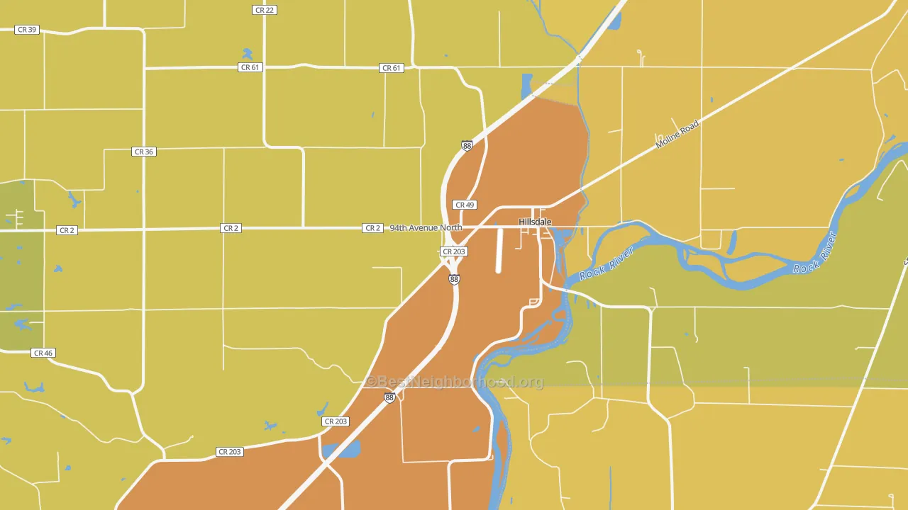 Map of the best neighborhoods in the Hillsdale area, with better matches in green and worse matches in red