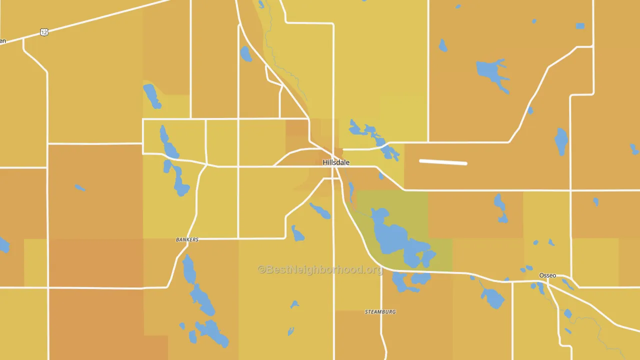 Map of the best neighborhoods in the Hillsdale area, with better matches in green and worse matches in red