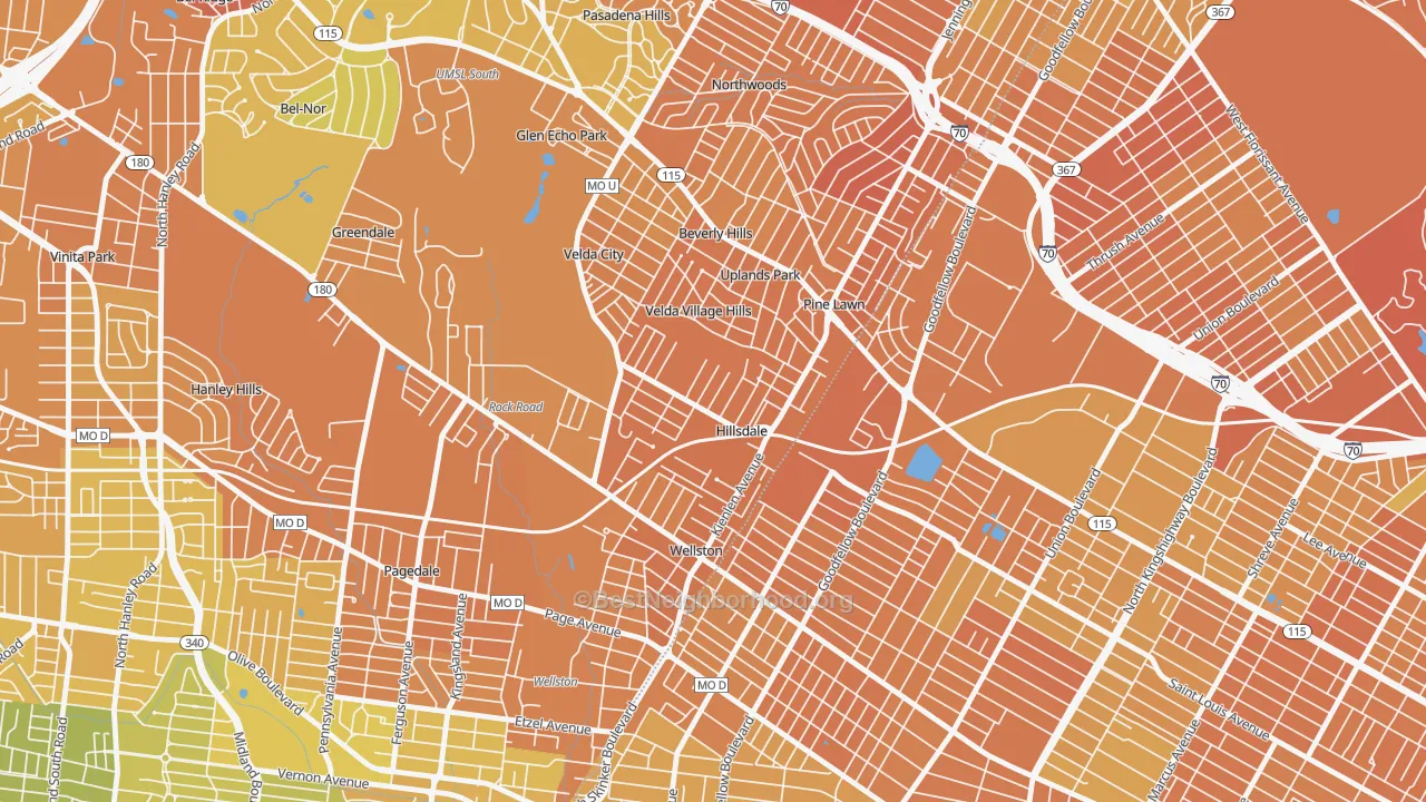 Map of the best neighborhoods in the Hillsdale area, with better matches in green and worse matches in red