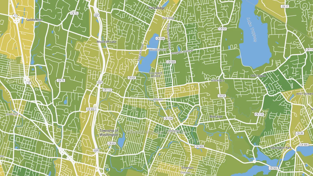 Map of the best neighborhoods in the Hillsdale area, with better matches in green and worse matches in red