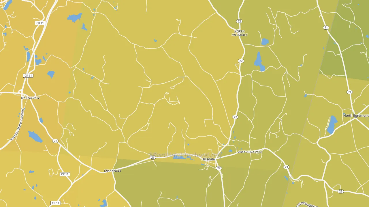 Map of the best neighborhoods in the Hillsdale area, with better matches in green and worse matches in red