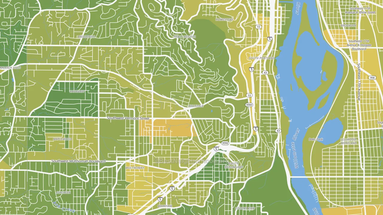 Map of the best neighborhoods in the Hillsdale, Portland area, with better matches in green and worse matches in red