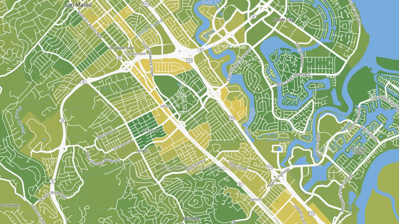 Map of the best neighborhoods in the Hillsdale, San Mateo area, with better matches in green and worse matches in red