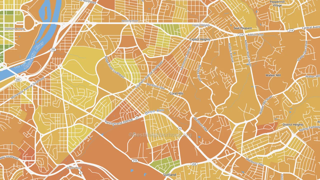 Map of the best neighborhoods in the Hillside, Coral Hills area, with better matches in green and worse matches in red