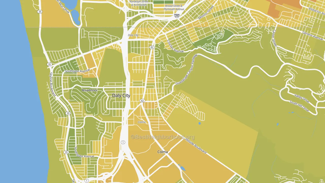 Map of the best neighborhoods in the Hillside, Daly City area, with better matches in green and worse matches in red