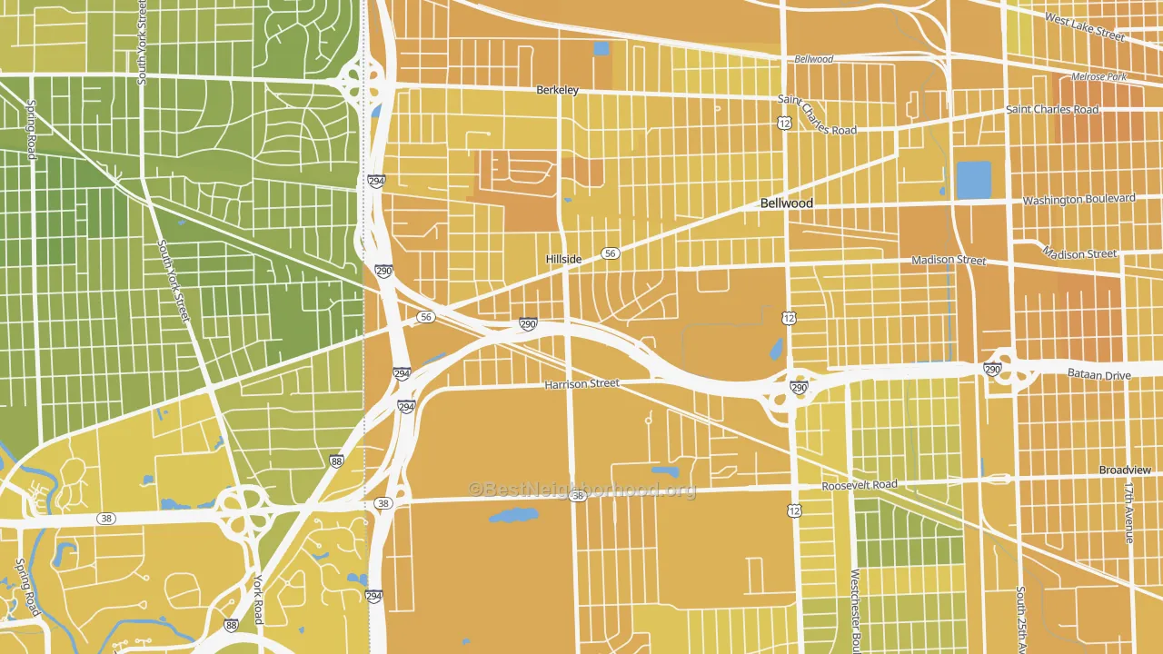 Map of the best neighborhoods in the Hillside area, with better matches in green and worse matches in red
