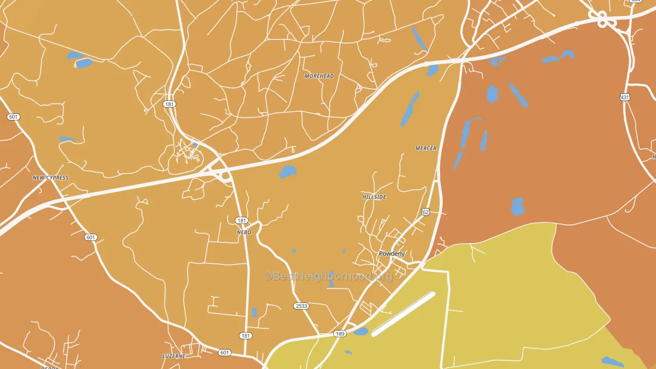 Map of the best neighborhoods in the Hillside area, with better matches in green and worse matches in red