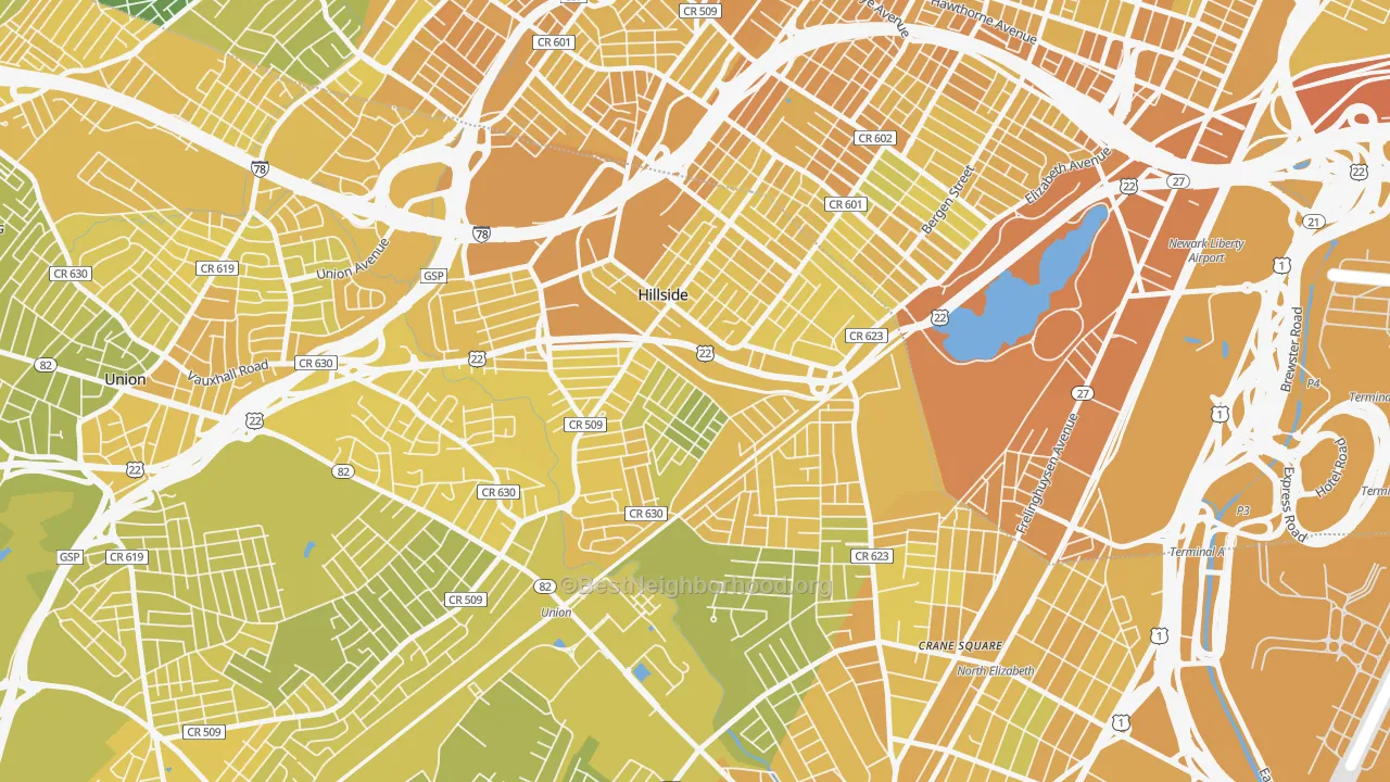 Map of the best neighborhoods in the Hillside area, with better matches in green and worse matches in red