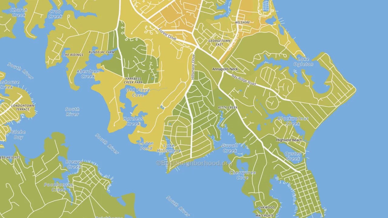 Map of the best neighborhoods in the Hillsmere Shores, Annapolis Neck area, with better matches in green and worse matches in red