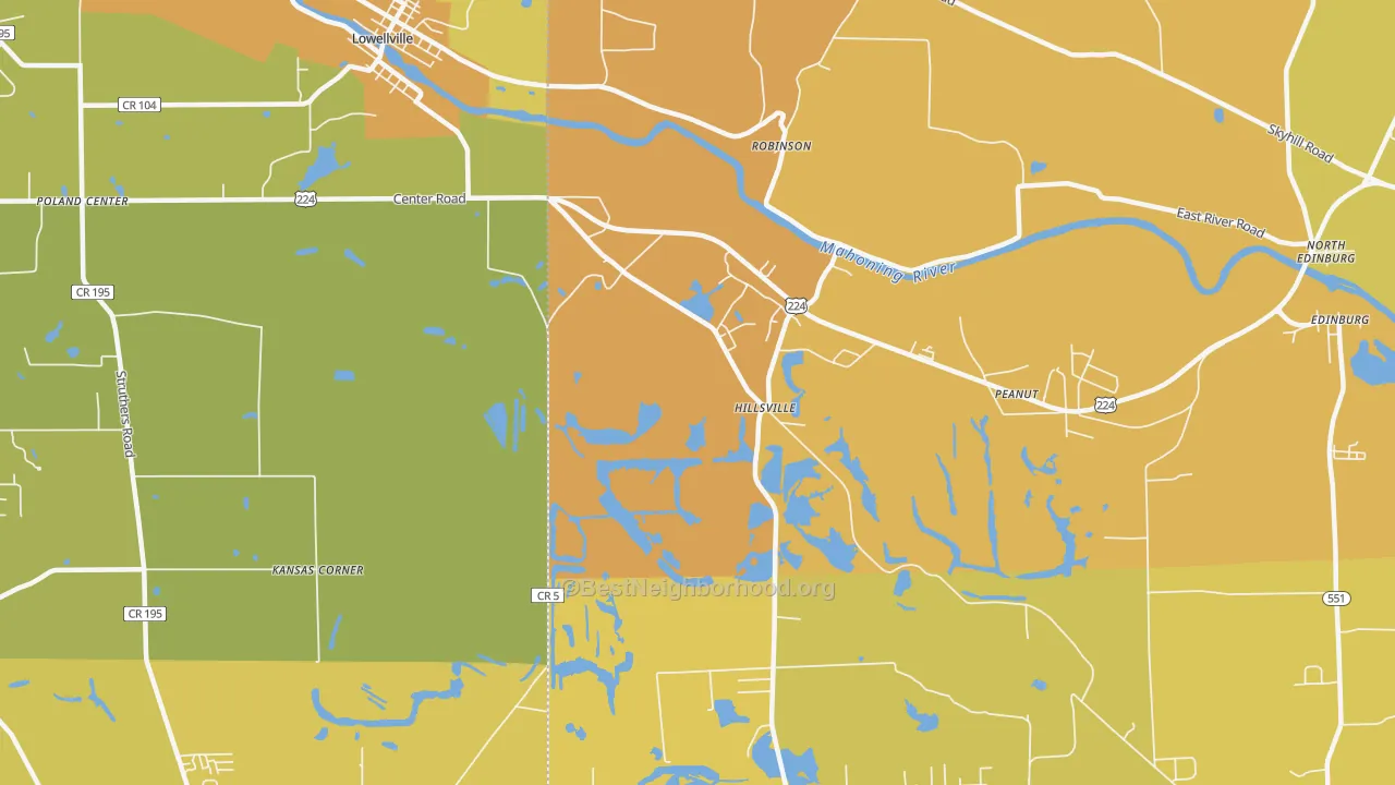 Map of the best neighborhoods in the Hillsville area, with better matches in green and worse matches in red