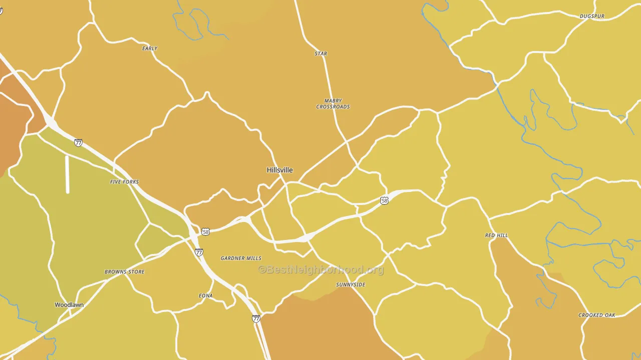 Map of the best neighborhoods in the Hillsville area, with better matches in green and worse matches in red