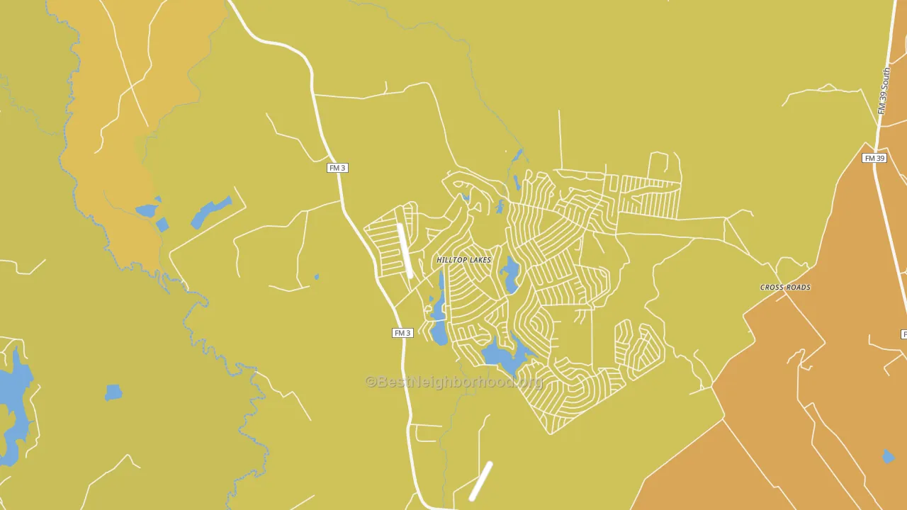 Map of the best neighborhoods in the Hilltop Lakes area, with better matches in green and worse matches in red