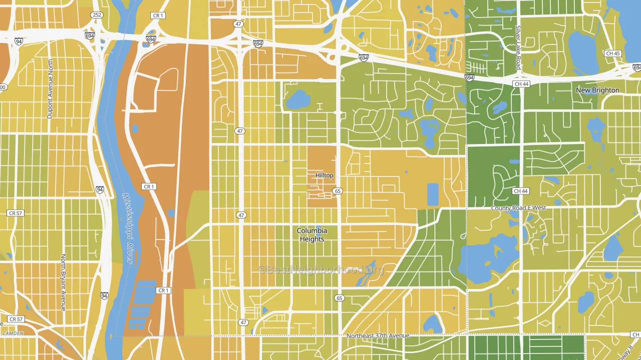 Map of the best neighborhoods in the Hilltop area, with better matches in green and worse matches in red