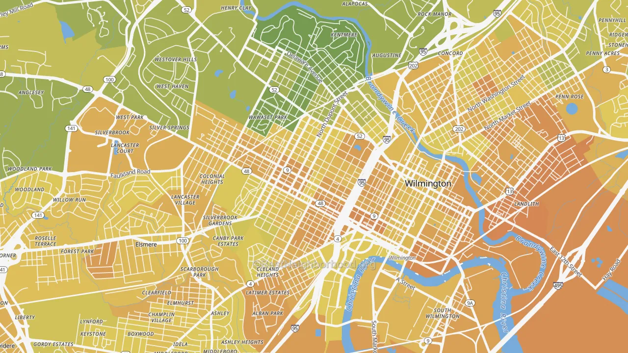 Map of the best neighborhoods in the Hilltop, Wilmington area, with better matches in green and worse matches in red