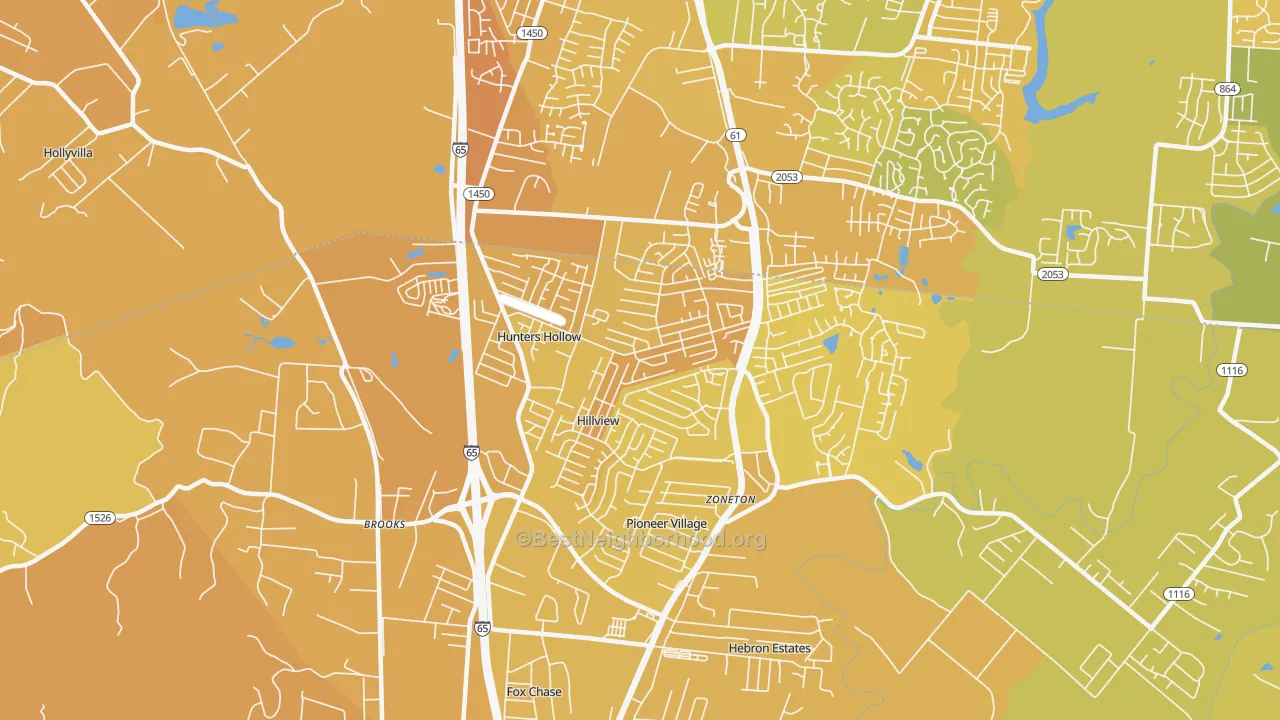 Map of the best neighborhoods in the Hillview area, with better matches in green and worse matches in red