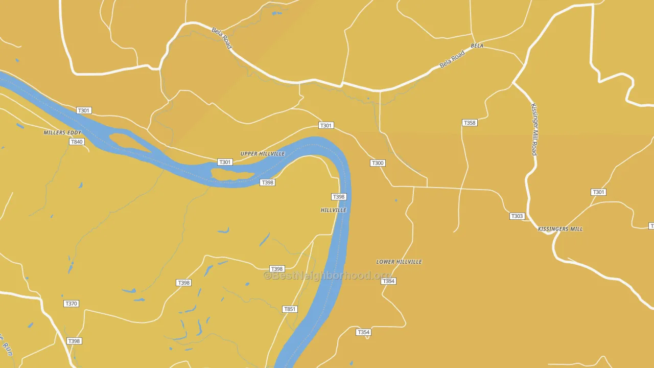 Map of the best neighborhoods in the Hillville area, with better matches in green and worse matches in red