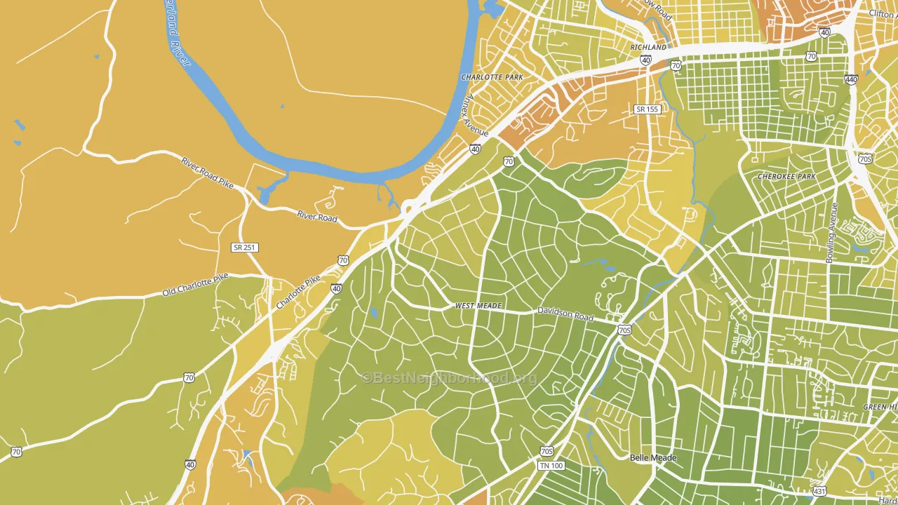 Map of the best neighborhoods in the Hillwood Estates, Nashville area, with better matches in green and worse matches in red