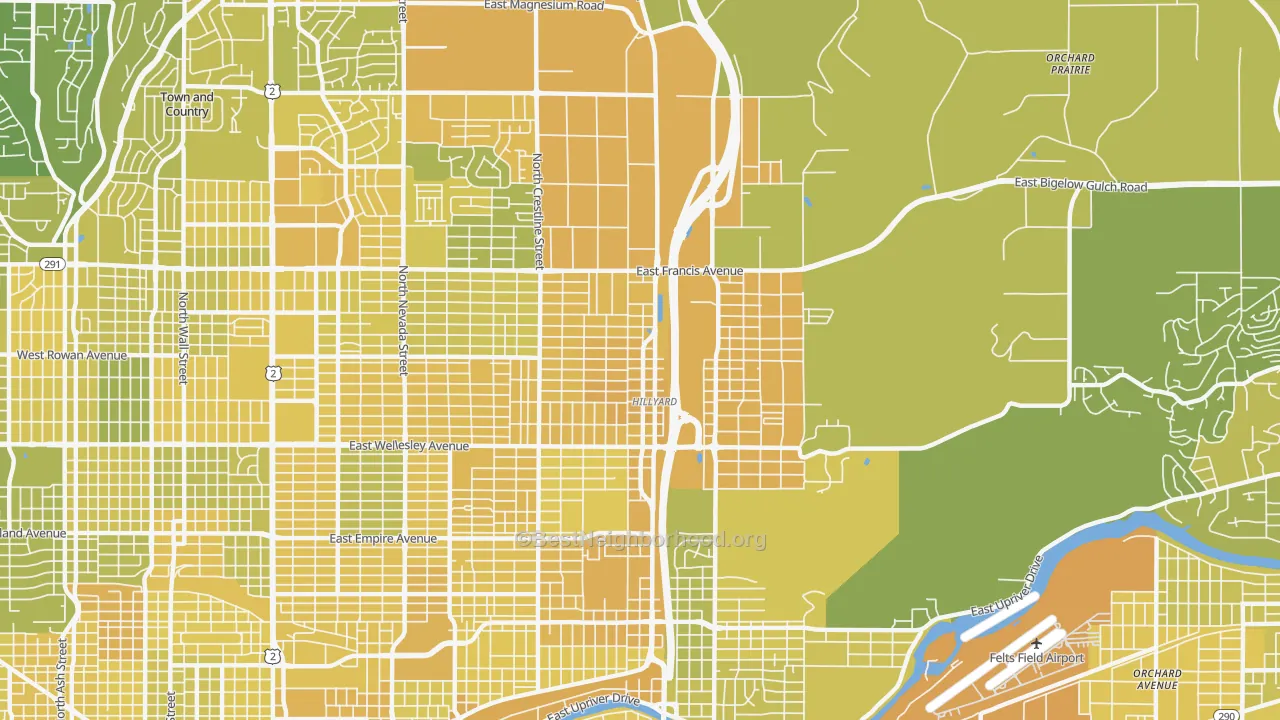 Map of the best neighborhoods in the Hillyard, Spokane area, with better matches in green and worse matches in red