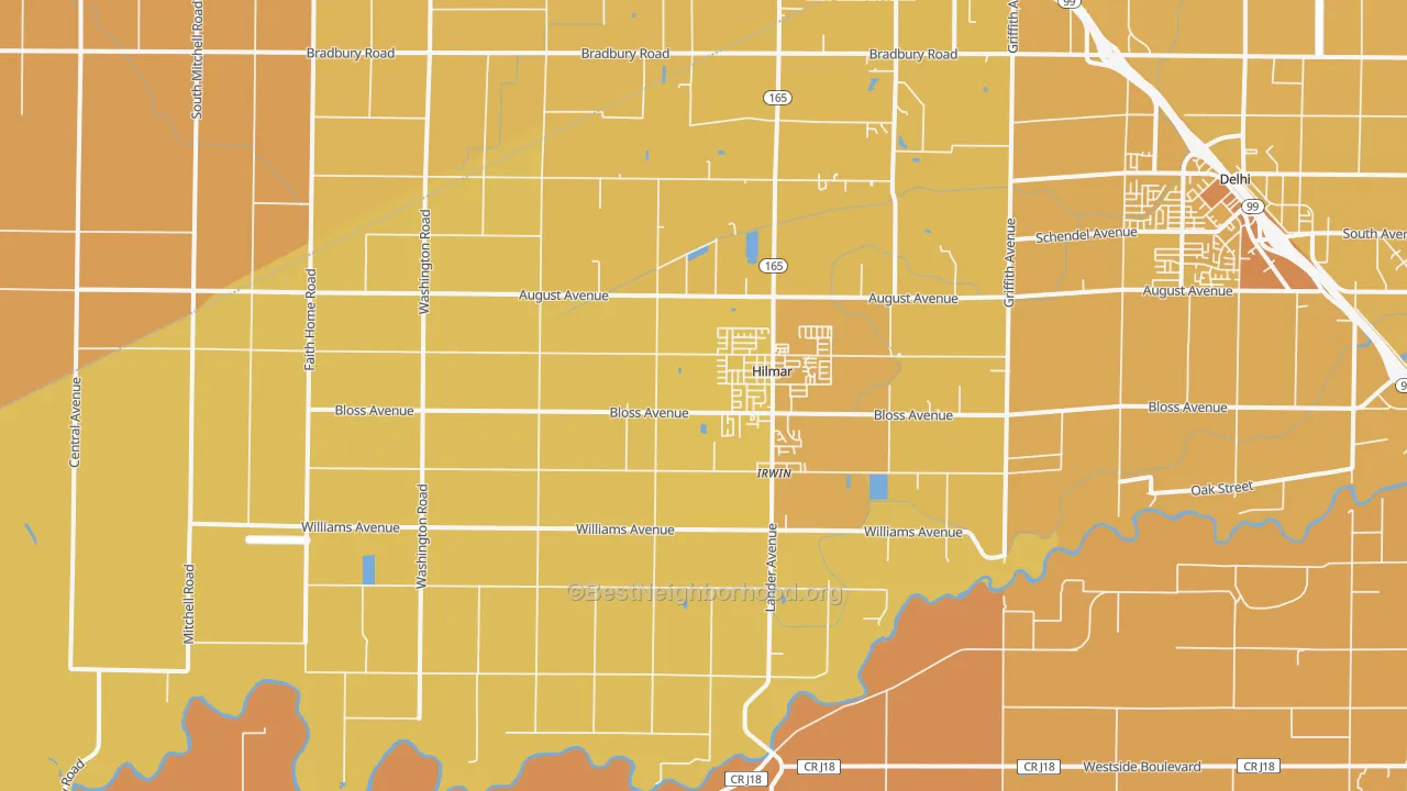 Map of the best neighborhoods in the Hilmar area, with better matches in green and worse matches in red