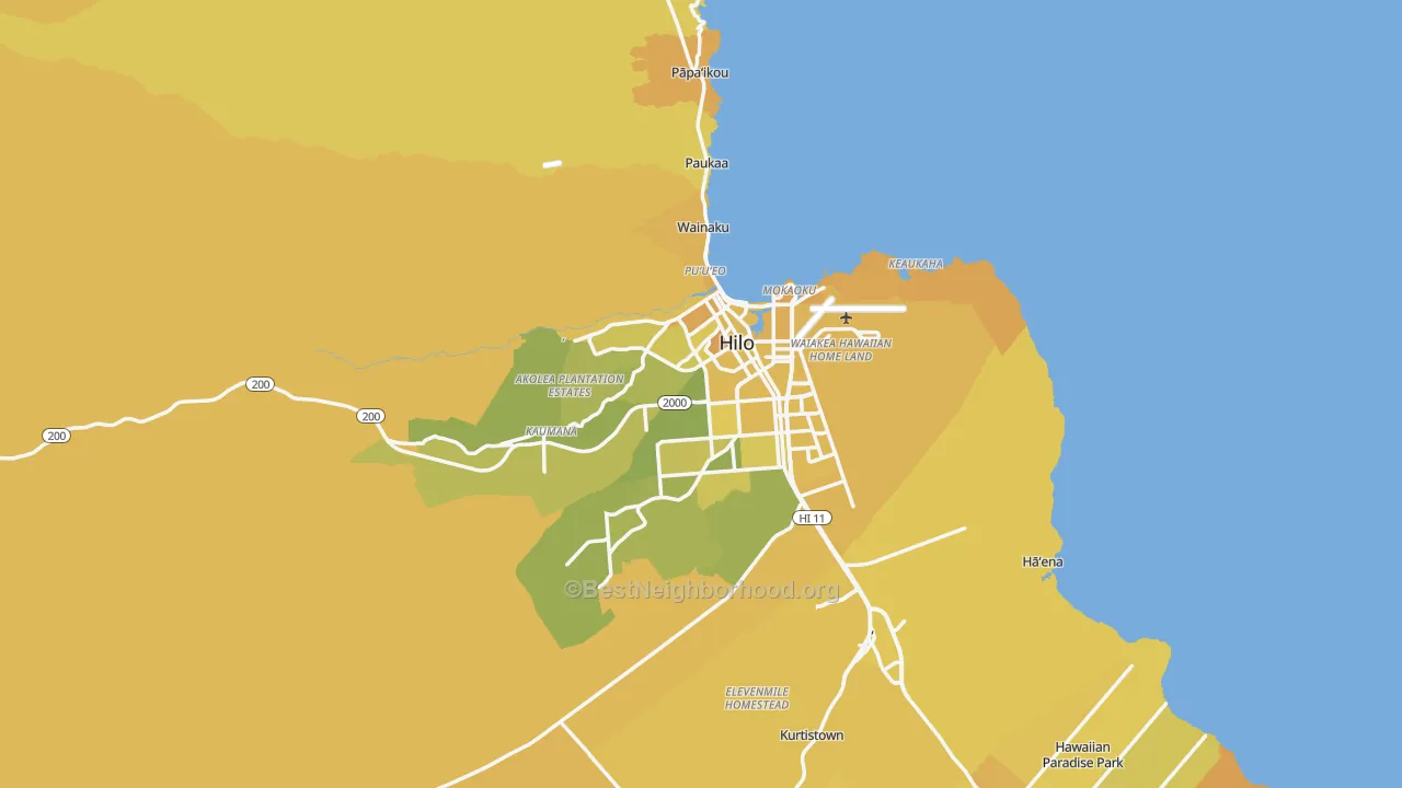 Map of the best neighborhoods in the Hilo area, with better matches in green and worse matches in red