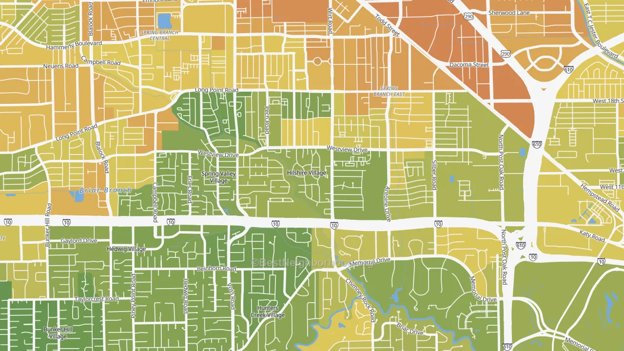 Map of the best neighborhoods in the Hilshire Village area, with better matches in green and worse matches in red