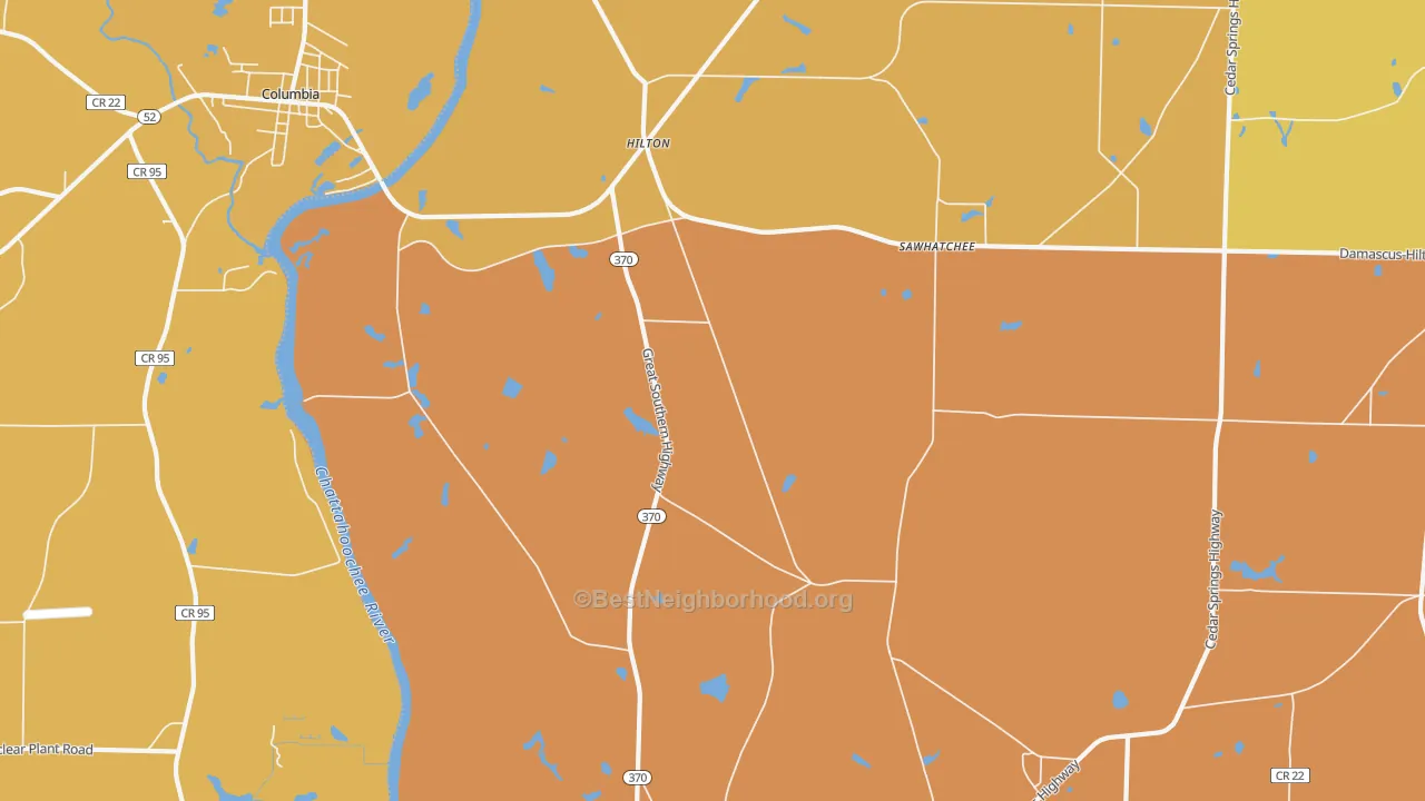 Map of the best neighborhoods in the Hilton area, with better matches in green and worse matches in red