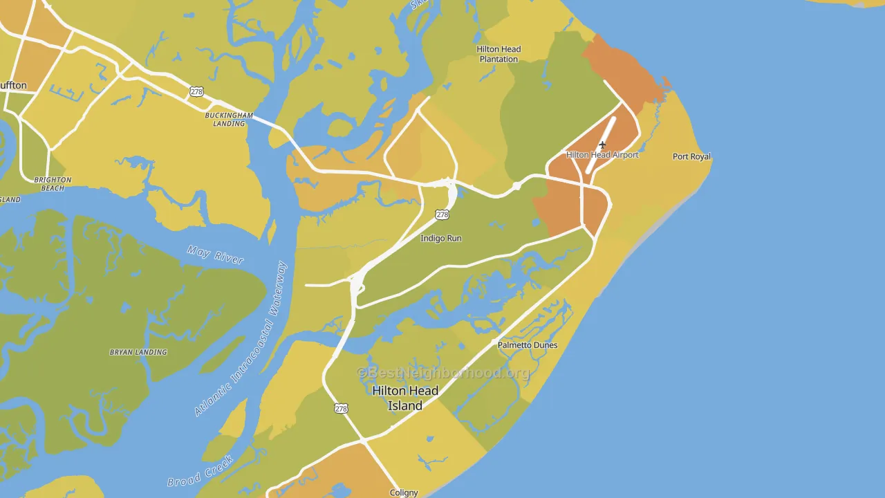 Map of the best neighborhoods in the Hilton Head Island Metro area, with better matches in green and worse matches in red