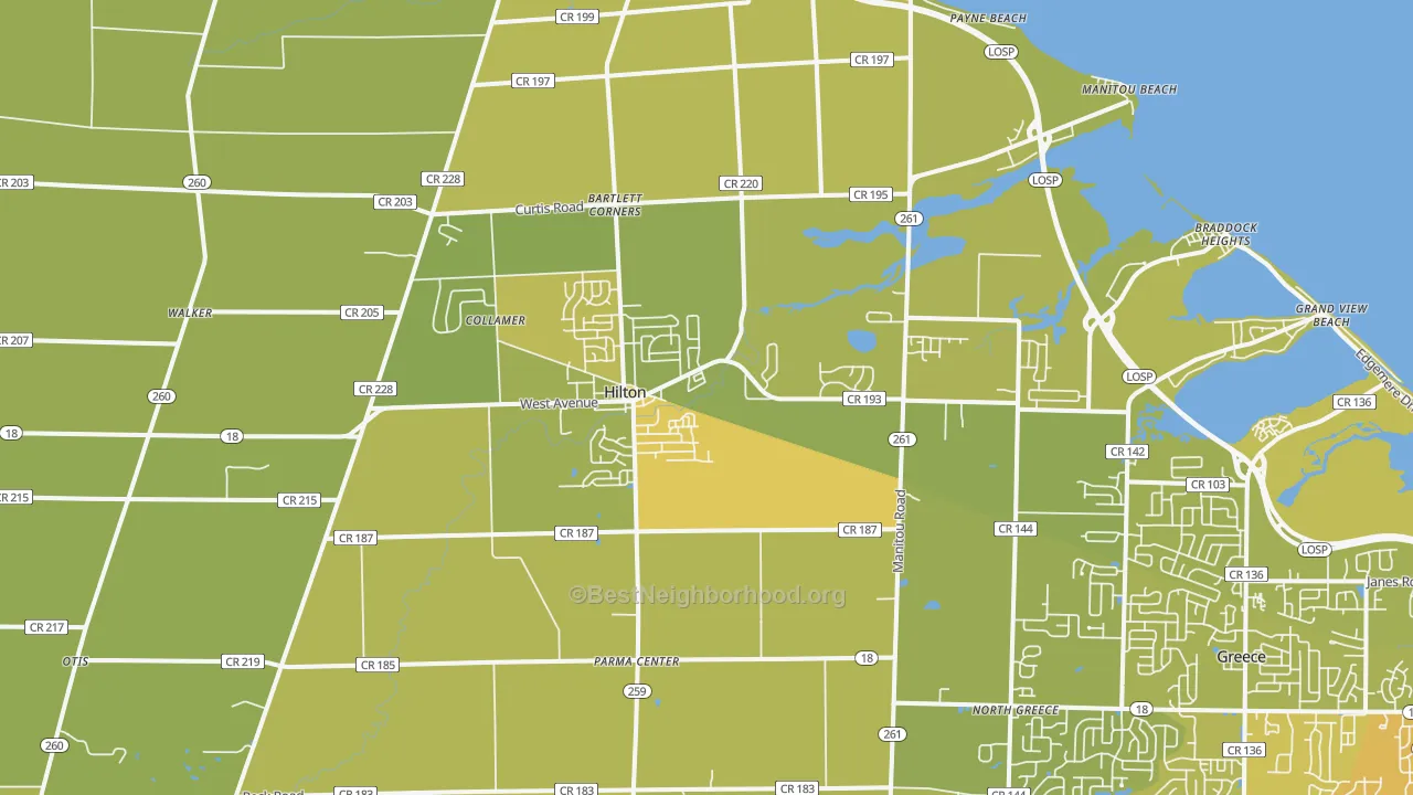 Map of the best neighborhoods in the Hilton area, with better matches in green and worse matches in red
