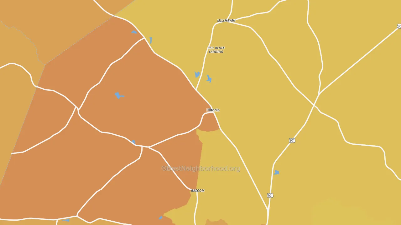 Map of the best neighborhoods in the Hiltonia area, with better matches in green and worse matches in red