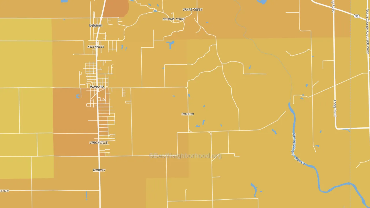 Map of the best neighborhoods in the Himrod area, with better matches in green and worse matches in red