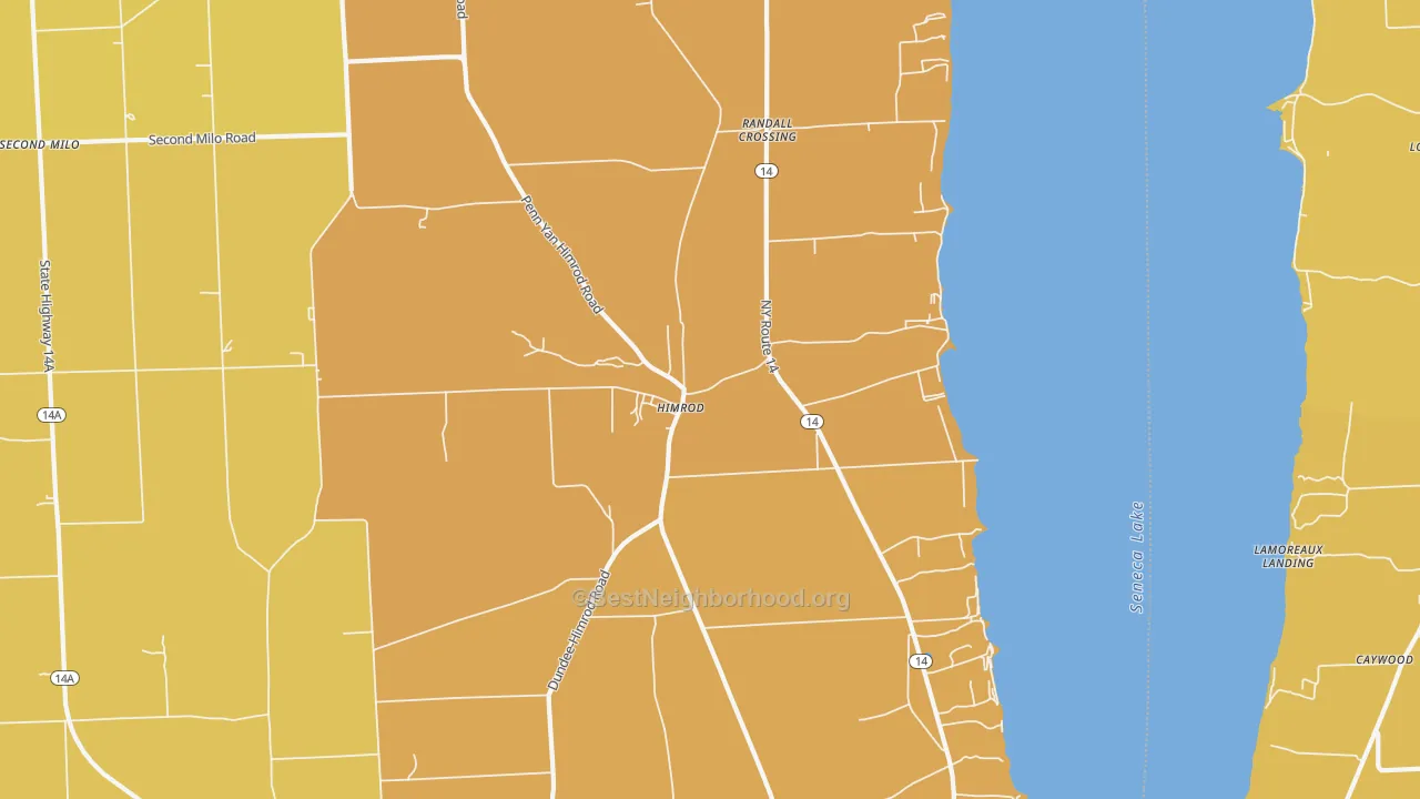Map of the best neighborhoods in the Himrod area, with better matches in green and worse matches in red