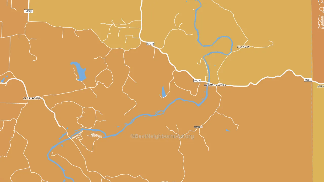 Map of the best neighborhoods in the Hinch area, with better matches in green and worse matches in red